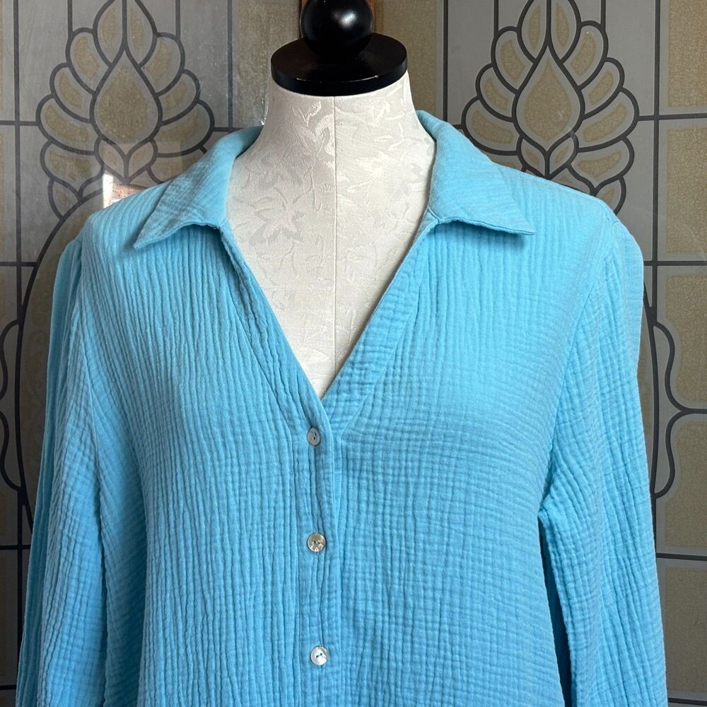 Soft Surroundings Escambia Gauze Blouse Top Blue Teal Button Up Size L - Picture 6 of 14